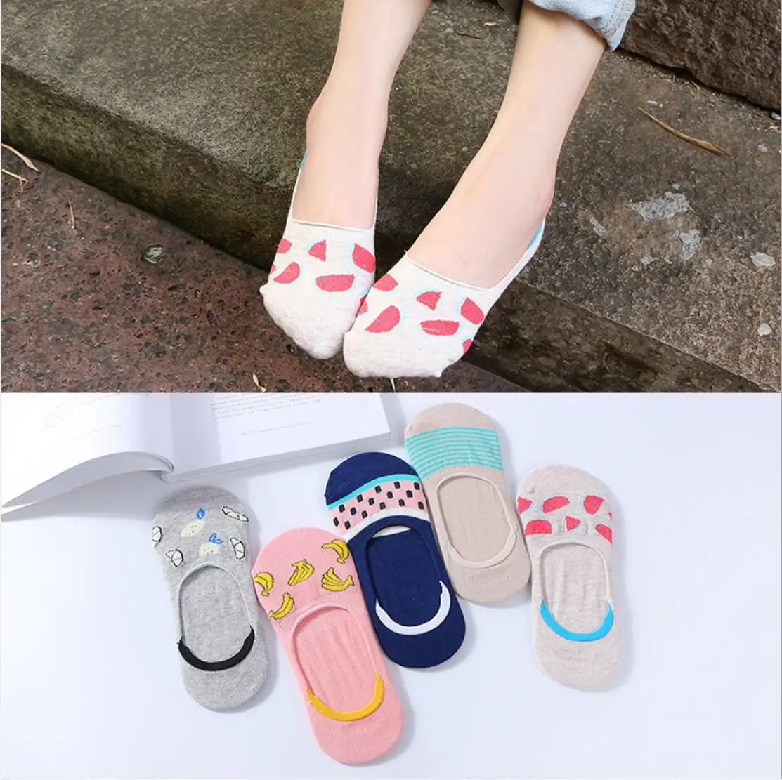 fruits 2 Jeseca 5 Pairs/Lot Women Cotton Sock Cartoon Animal Cute No Show Sock Japanese Kawaii School Student Invisible Non-slip Boat Sox - Цвет: fruits 2
