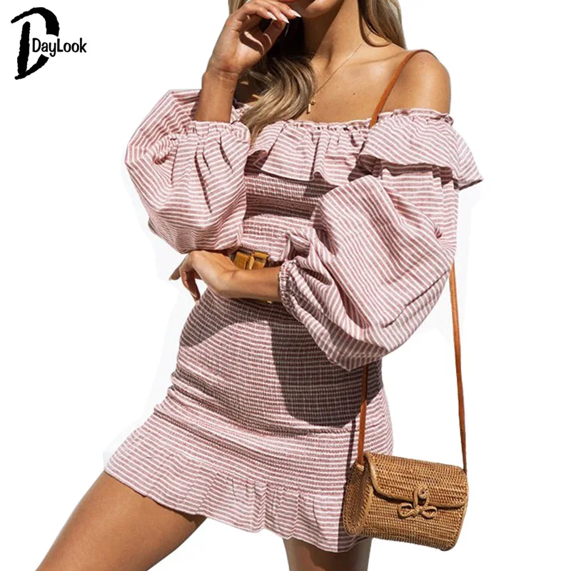 Daylook Off shoulder ruffle Сложите эластичный платье Женщины boho Сексуальная мини вечерние