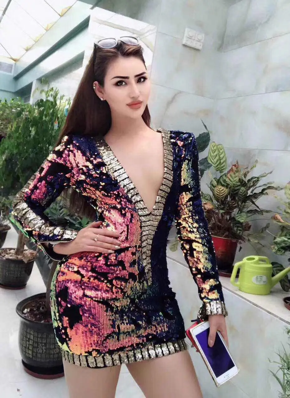

3 Colors Sexy Women Fashion Dress Long Sleeve Colorful Bright Bodycon Dress Evening Party Dress