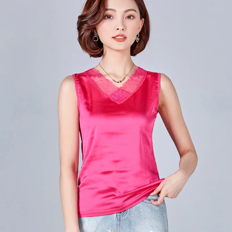 Lace V-Neck Satin Silk Top Sexy Tops for Women Fitness Tank Green Elegant Workwear Women's Sleeveless Plus Size XXXL | Женская