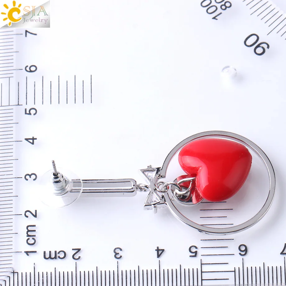 CSJA Korean Silver Color Stud Earrings Love Heart Stone Bow-knot Zircon Pendant Fashion Jewelry for Women Girls Charm Gifts G037 | Украшения