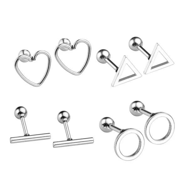 Silver Set 4 Pair JOVIVI нержавеющей стали полые круглые/треугольник/т бар/Сердце штанга хряща Tragus Helix серьги гвоздики 16G 1/" Бар пирсинг уха - Окраска металла: Silver Set 4 Pair