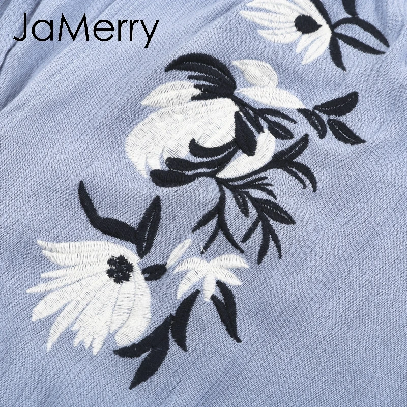 JaMerry Boho Сексуальная с плеча вышивка комбинезон Женщины Flare рукавом рюшами