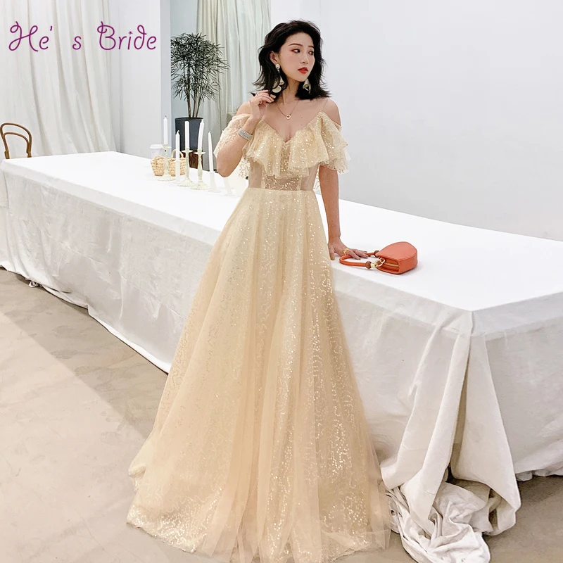 Женское вечернее платье до пола He's Bride элегантное цвета шампанского с вырезом