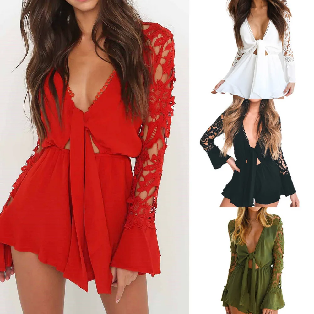 FREE OSTRICH Jumpsuit women sexy sleeves broken hole lace fight pick up cocktail party jumpsuit pencil knotted bow mini | Женская одежда