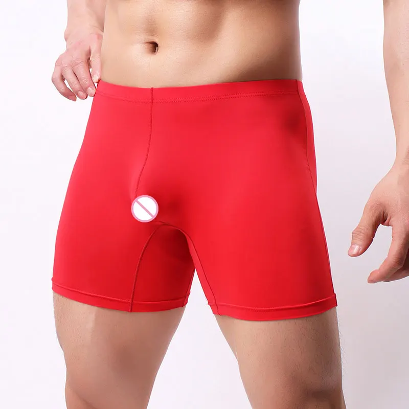 

Sexy Men Plus Size Ice Silk Smooth Solid Big U Convex Pouch Half-length Boxers Long Leg Underpants Boxer Jocks Straps Gay Wear F