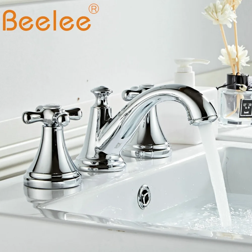 

Beelee Bathroom Basin Faucet Brass Water Mixer Tap Chrome Finish Double-handle Three Holes Basin Sink Vanity Faucet torneira
