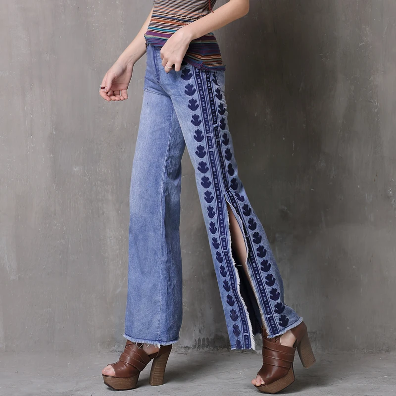 JXDINOY 2018 Vintage embroidery Apparel Women Jeans Split Beading Wide Leg Straight Denim Pants Pantalon Femme |