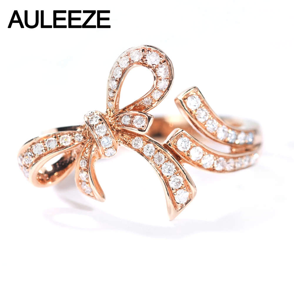 

AULEEZE Romantic Bow Knot Real Diamond Ring 18K Rose Gold Office Lady Party Rings Natural Diamond Jewelry