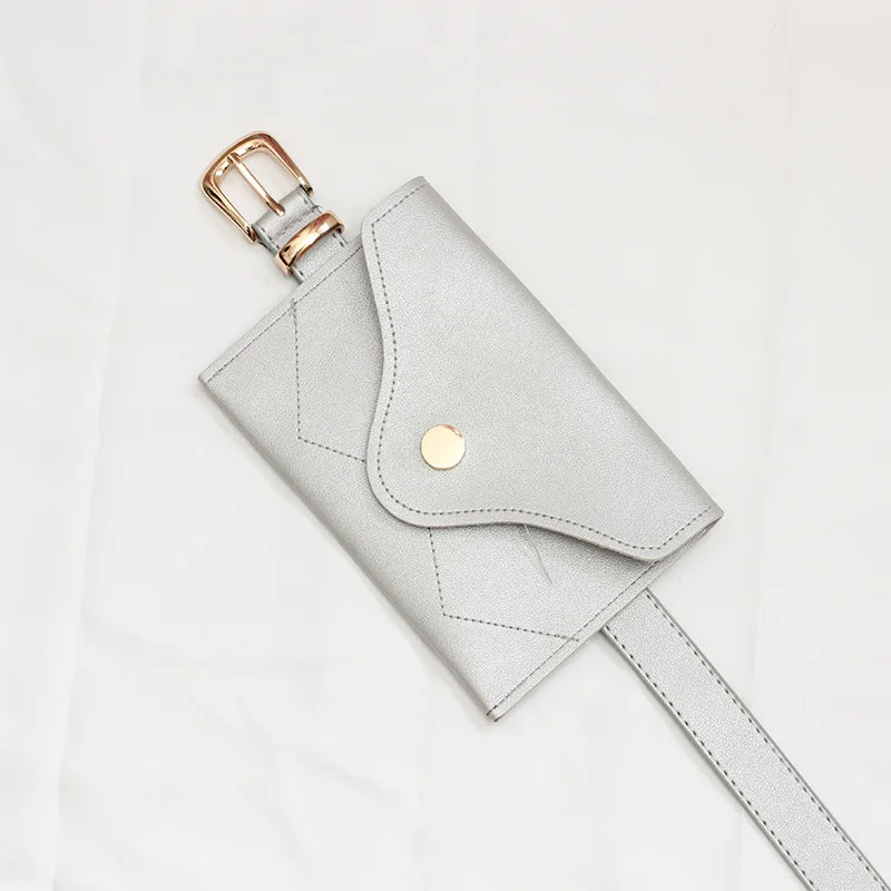Fashion Women Fanny Pack Simple Vintage Mini Adjustable Phone Purse Key card Envelope bag high quality PU Leather Waist Bag - Цвет: Silver Gold buckle