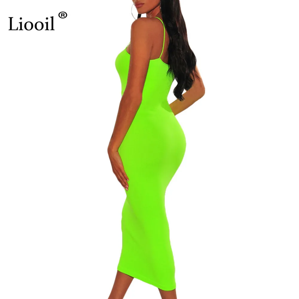 Liooil неоновый оранжевый зеленый спагетти ремень миди Bodycon женское платье новое поступление летние сексуальные платья вечерние платья для ночного клуба