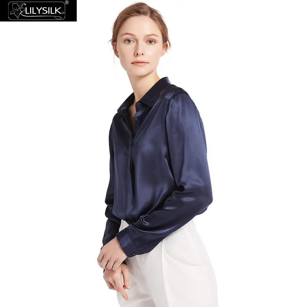 Navy Blue LilySilk Рубашки Блузка Топ Футболка 22мм Женская шелк Новинки - Цвет: Navy Blue