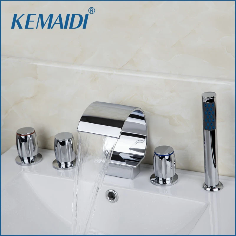 

KEMAIDI Bathtub Mixer Chrome Bathtub Bathroom Faucet 5 PCS Set Deck Mounted 3 Handles Taps Waterfall Faucets Mixers & Tap