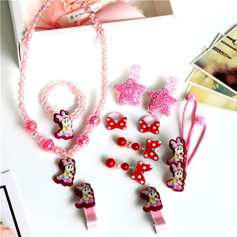 12 шт. Минни Мышь рисунок «Hello Kitty» заколки для волос, волосы ленты серьги браслет Цепочки и ожерелья весь Ювелирные наборы для девочек