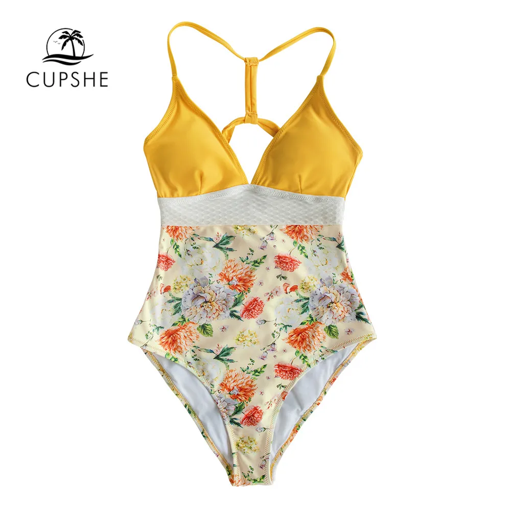 CUPSHE желтый гранатовый цветочный принт, Цельный купальник, сексуальный женский Монокини, пляжная одежда, пляжный купальный костюм для девочек, купальник