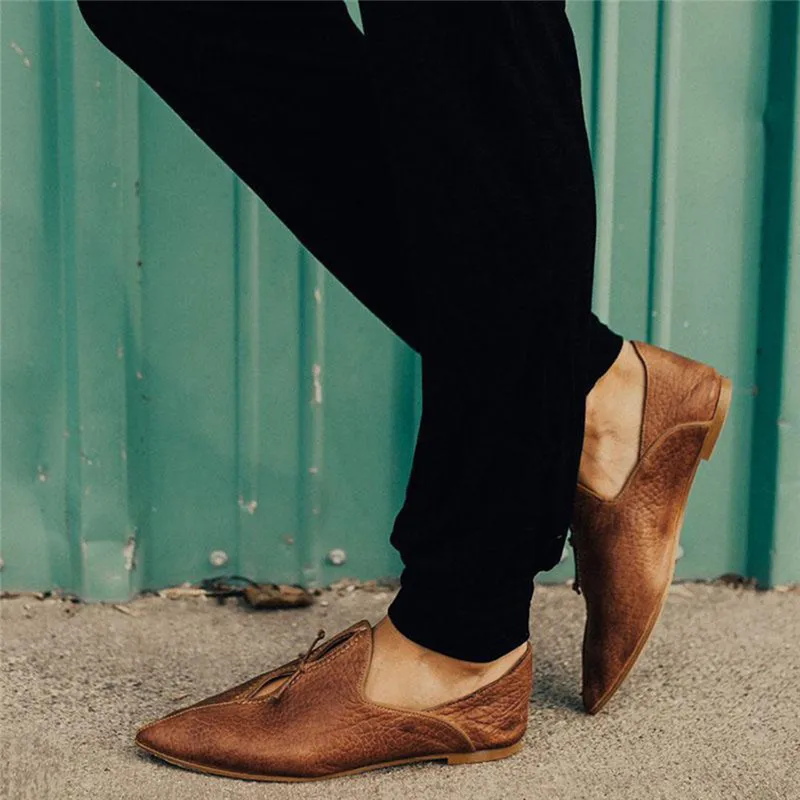 Retro Women Leather Flats Shoes Fashion Pointed Toe Office Lady Shoes Slip On Loafers Women Soft Low Heel Driving Shoes#40
