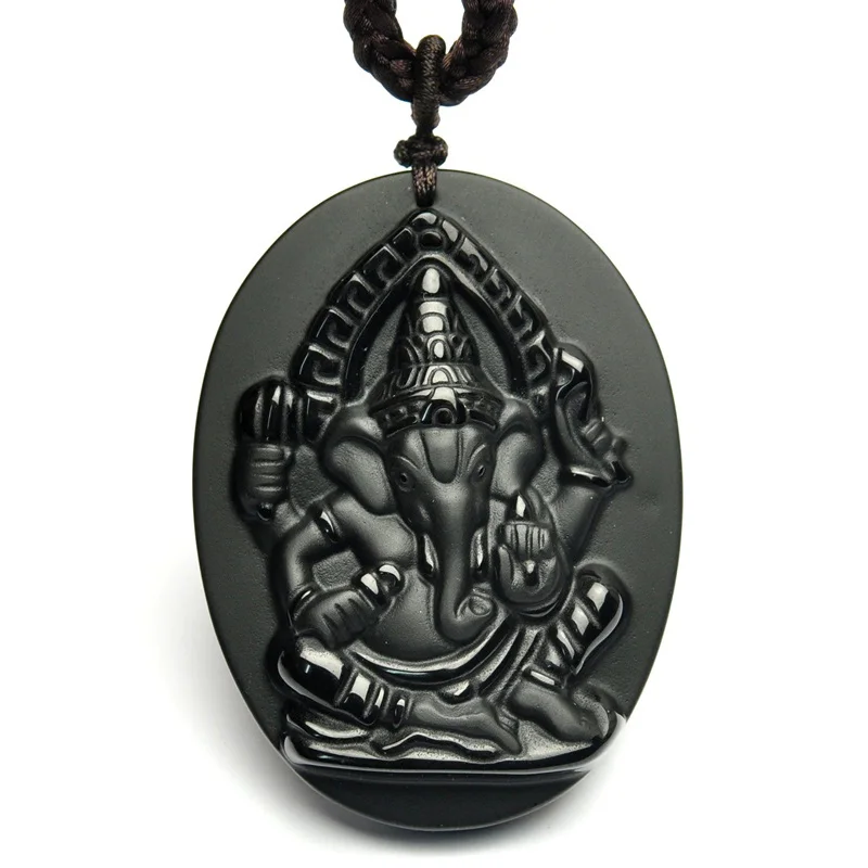 Drop Shipping Hand Carved Obsidian Pendant Black A Lucky Amulet Elephant God Necklace For Men Women With Chain Gift | Украшения и