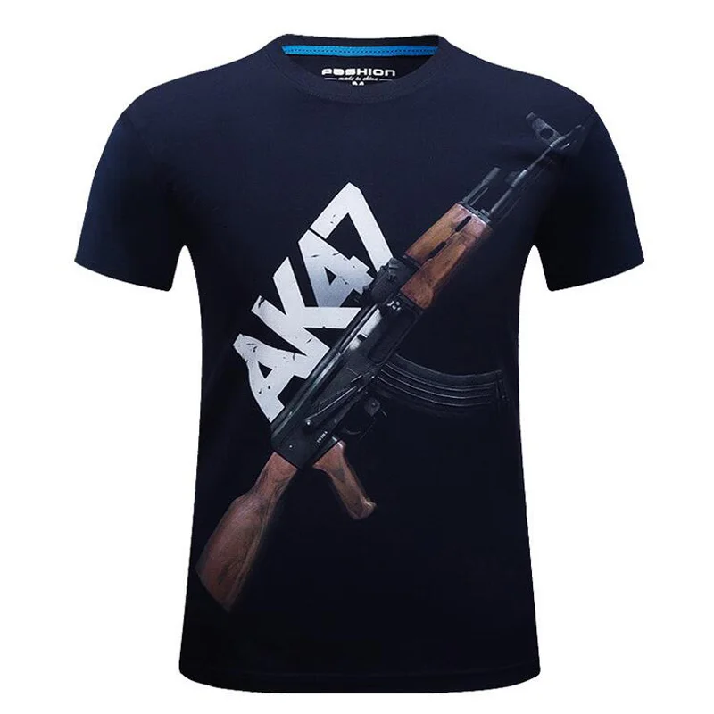 Брендовая одежда, S-6XL, 3D футболка, мужская, хит, летняя, AK47, с принтом пистолета, футболки, мужские, хлопок, повседневная, короткий рукав, футболка, Homme