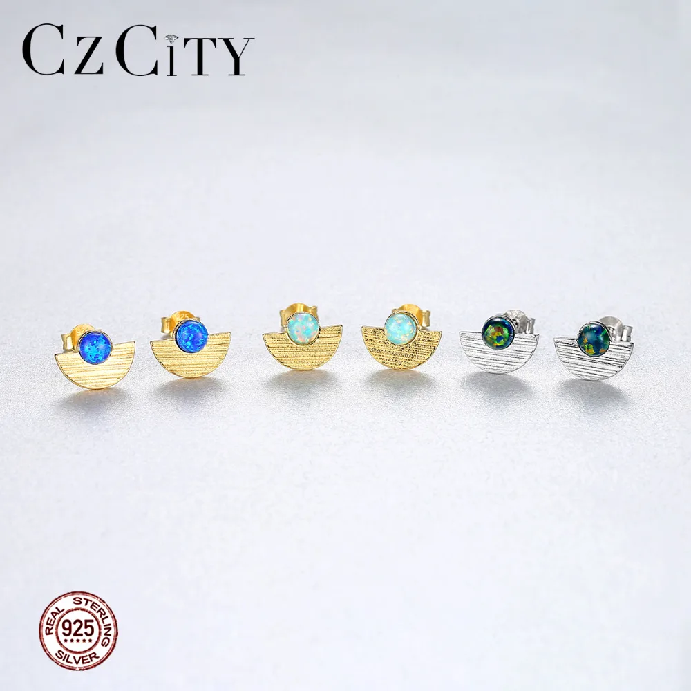 CZCITY круглая пожарная запонка с опалом серьги для женщин ювелирные изделия полукруг Твердые 925 стерлингового серебра Boucles D Oreille Femme SE0404
