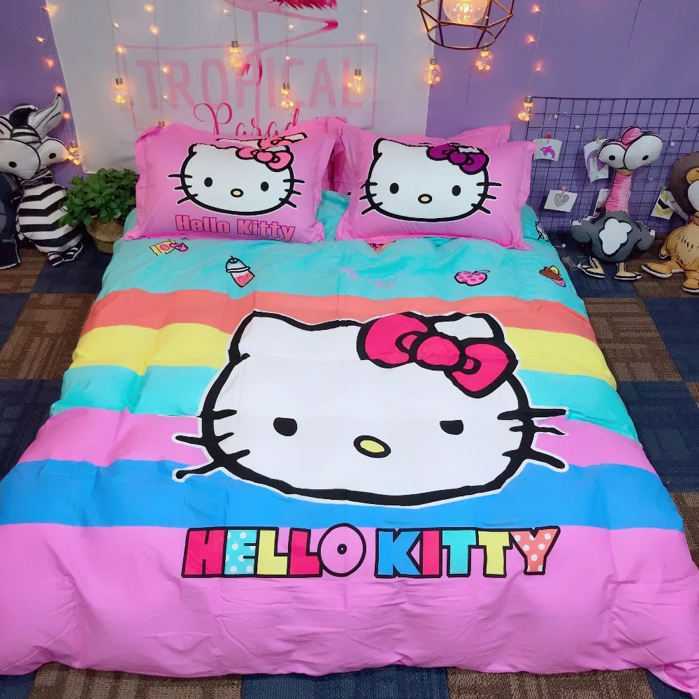 Набор постельного белья из хлопка с рисунком hello kitty, пододеяльник, простыня, наволочка, мягкий, розовый, белый, клубника, король, королева, размер, Комплект постельного белья