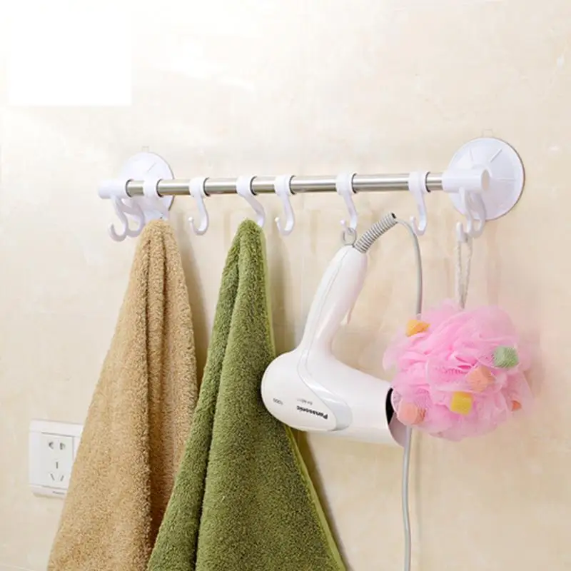

44cm Long Wall Suction Cup Stainless Steel Towel Hooks Movable With 8 Hooks For Bathroom And Kitchen Towel Bar