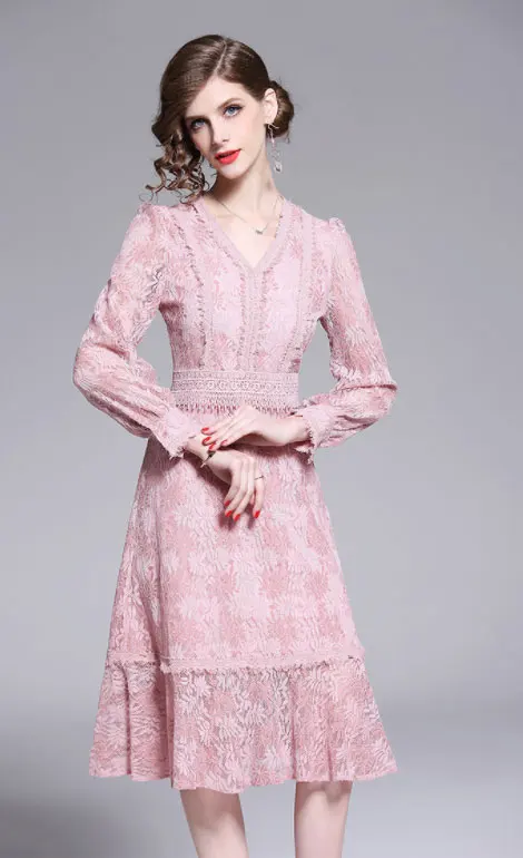 Новый стиль ажурное розовое кружевное платье с узором vestidos mujer Verano длинные рукава