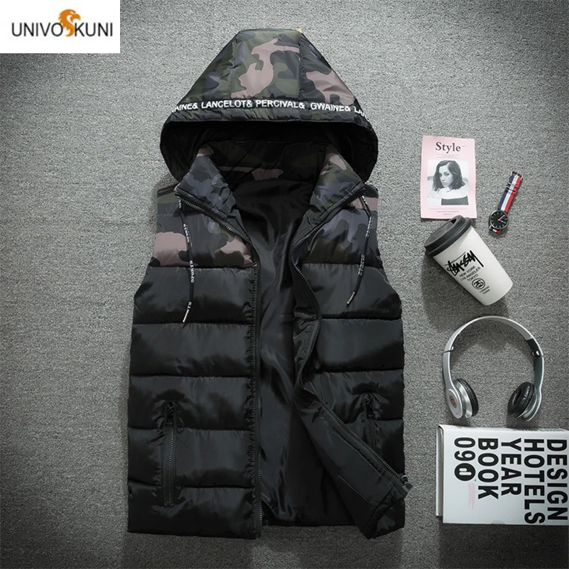 

UNIVOS KUNI 2019 New Men's Vest Woman Warm Couple Brand Hooded Vest Male Camouflage sleeveless Autumn Winter Big Size 4XL Q6030