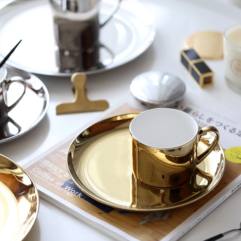 Керамическая тарелка и кружка столовые приборы круглая Золотая набор посуды Vajilla