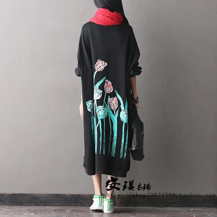 2017 female autumn two-color plus size cotton long-sleeve dress knitted loose long design shirt | Женская одежда