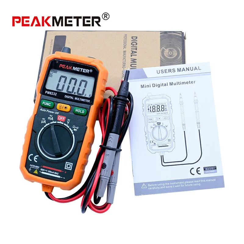 PEAKMETER Бесконтактный мини цифровой мультиметр PM8232 DC AC Напряжение Ток Тестер удержания данных Амперметр Портативный измеритель напряжения