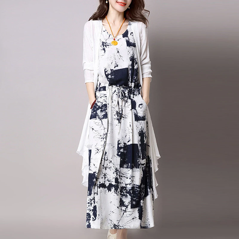 Женское летнее платье кардиган куртка 2 предмета в китайском стиле длинное с