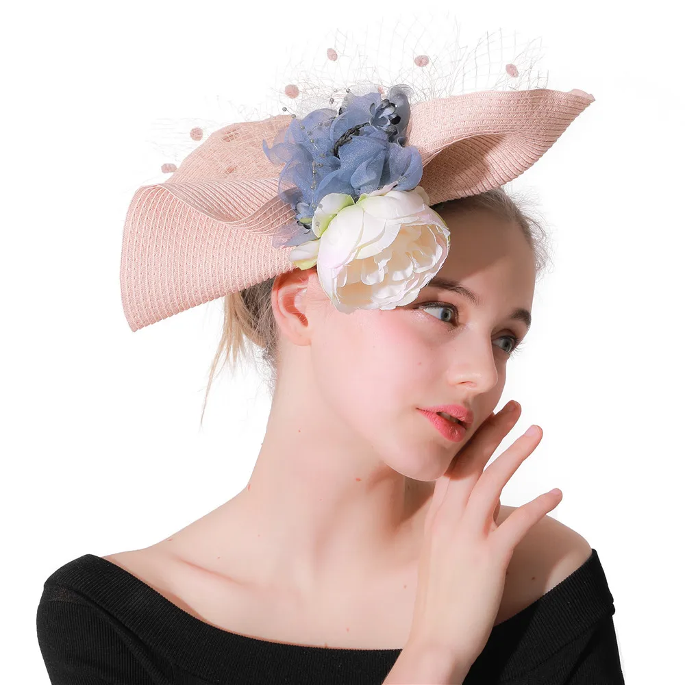 Розовый цветок церковь Шапки Для женщин элегантные головной убор Sinamay женские