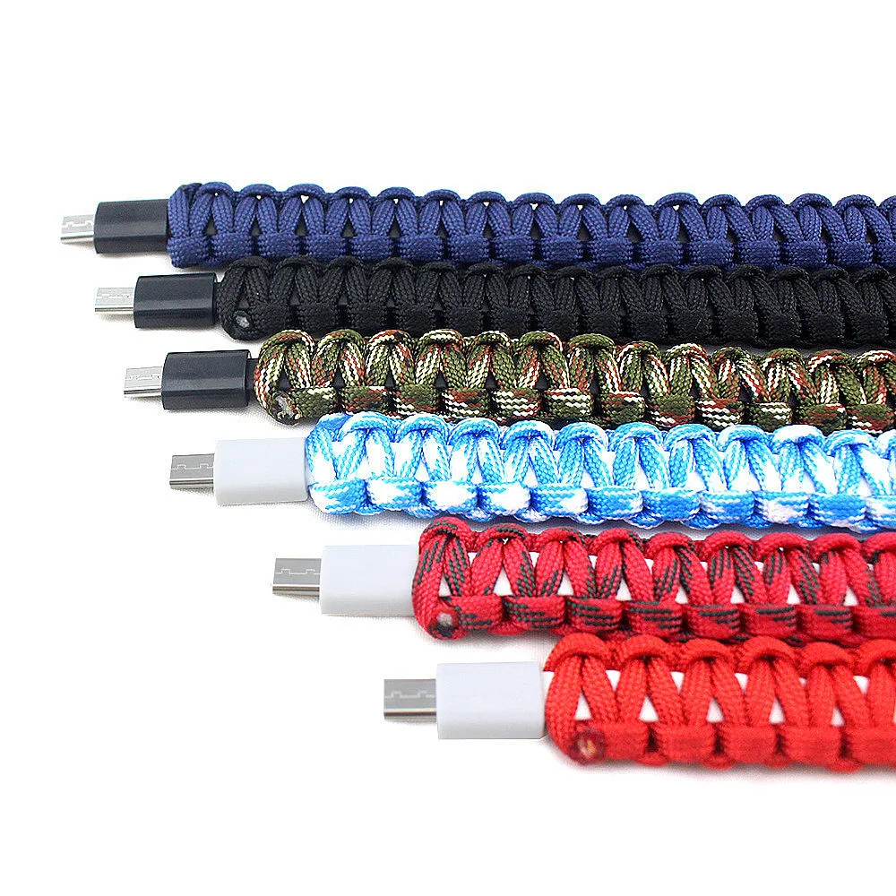 Открытый плетеная камуфляж Micro USB и кабель с разъемом типа C браслет зарядное