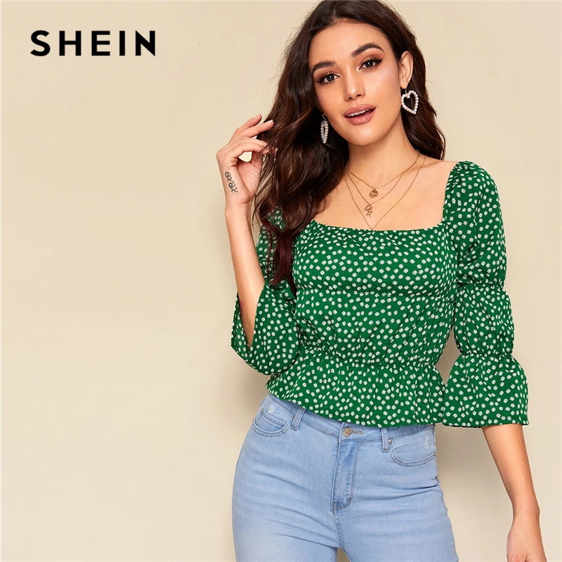 SHEIN Ditsy цветочный принт квадратный вырез блузка для женщин сезон: весна-лето Топ Boho зеленый три четверти Длина рукава с воланом блузки