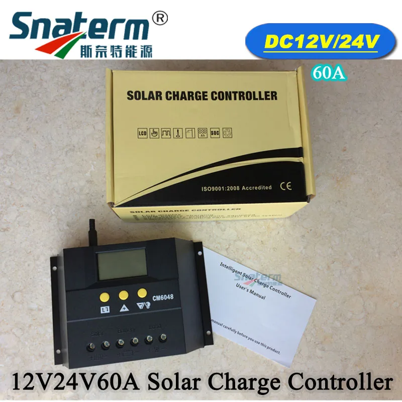 12V 24V автоматическая работа 60A LCD Интеллектуальный Солнечный PV Контроллер заряда