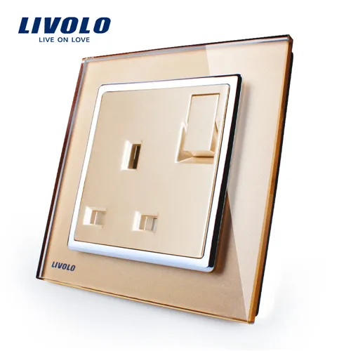 Livolo Британский стандарт 1 банды 1Way кнопочный настенный выключатель с 13A гнездо, золотого цвета с украшением в виде кристаллов Стекло Панель, VL-W2Z1UK1-11/12/13 - Тип: Gold