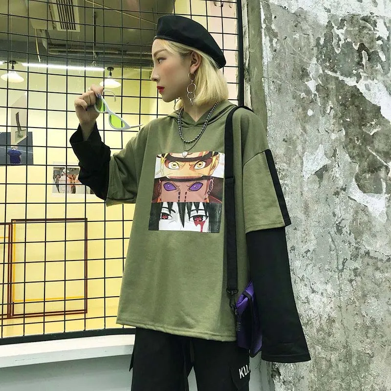 NiceMix Harajuku Толстовка для женщин Лоскутные пуловеры поддельные 2 шт. принт японские комиксы унисекс Джемперы Pull Femme Джерси Mujer