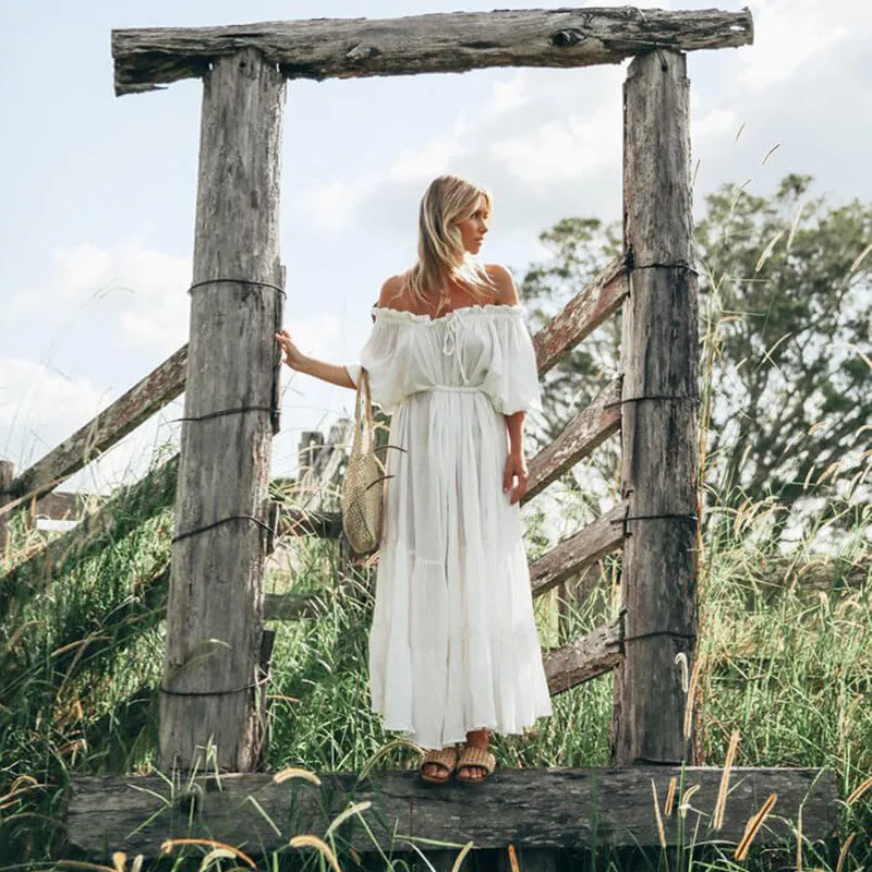 

2019 Women Summer Bohemian Beach Long Dresses Casual Sexy Fashion Plus Size White Dress