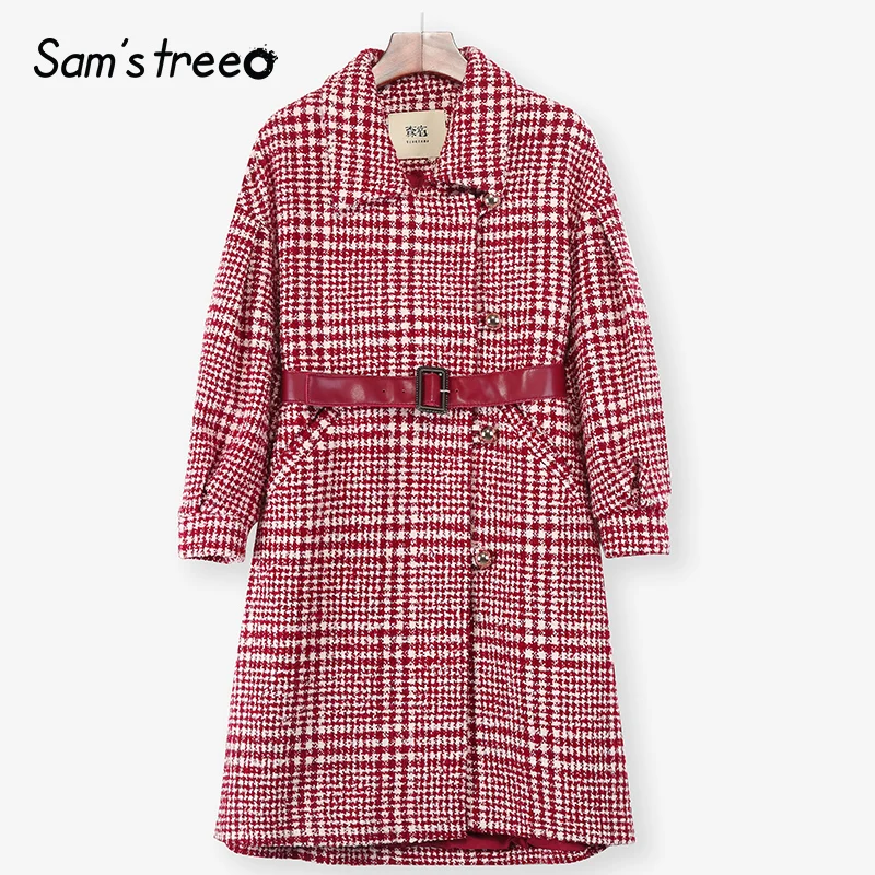 Samstree 31.2% шерстяное пальто для женщин зимнее приталенное с поясом женское длинное пальто свободные карманы клетчатая верхняя одежда женские повседневные пальто