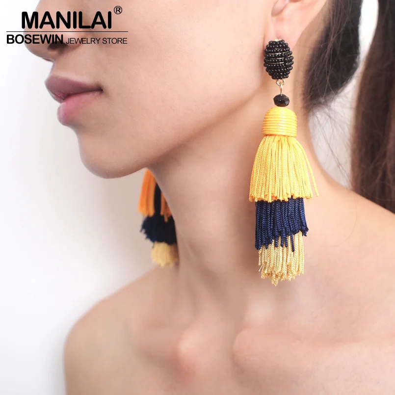 MANILAI Bohemia 3 Слоистые хлопковые серьги с кисточками, модные ювелирные изделия, многоцветные массивные длинные висячие серьги с бахромой для женщин