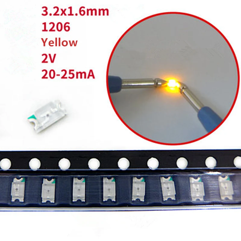 100Pcs Yellow 100 шт. 1206 SMD светодиодный диодный комплект супер яркий красный/зеленый/синий/желтый/белый светодиодный светильник - Испускаемый цвет: 100Pcs Yellow