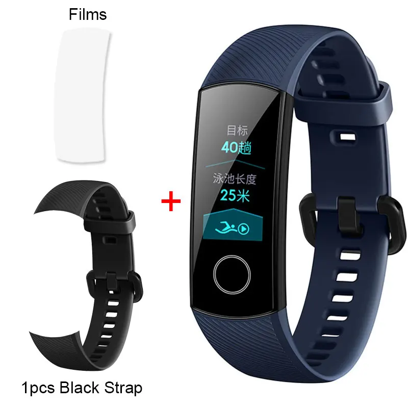 HONOR Band 4, умный браслет, фитнес-браслет, 0,95 дюймов, цветной AMOLED сенсорный экран, 5 АТМ, для плавания, с осанкой, для сердечного ритма, сна - Цвет: Blue AddBlack Strap