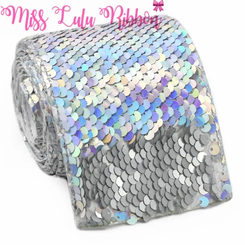 Двухцветная реверсивная лента с блестками голограмма серебряная подарочная