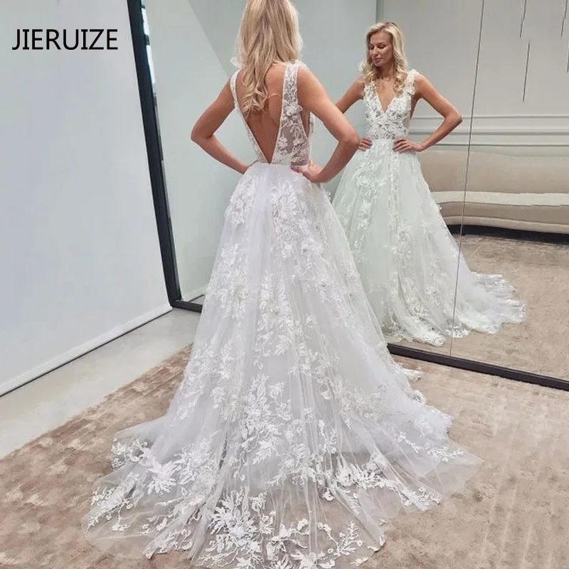 

JIERUIZE White Lace Appliques Backless Beach Wedding Dresses Deep V-neck Boho Bride Dresses Sexy Wedding Gowns robe de mariee