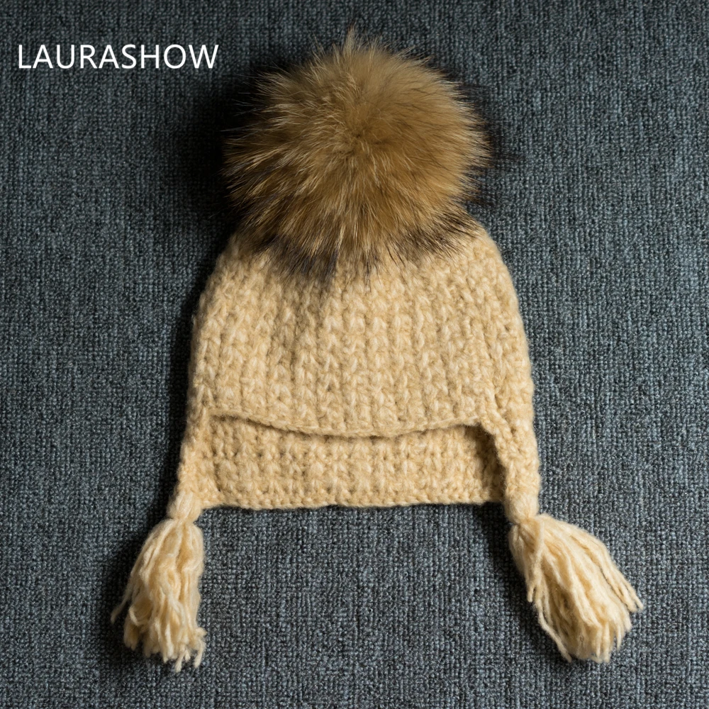 LAURASHOW/детская зимняя брендовая шапка 16 см из натурального меха лисы и норки, шапка с помпонами для девочек, вязаная шапка, шапка Skullies, Детские шапочки