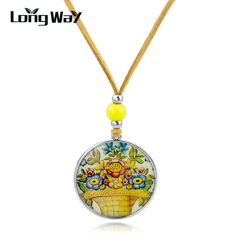 

LongWay Gift Yellow Leather Chain Statement Necklaces For Women Ethnic Round Flower Pendants Silver Color Jewelry Sne150865103