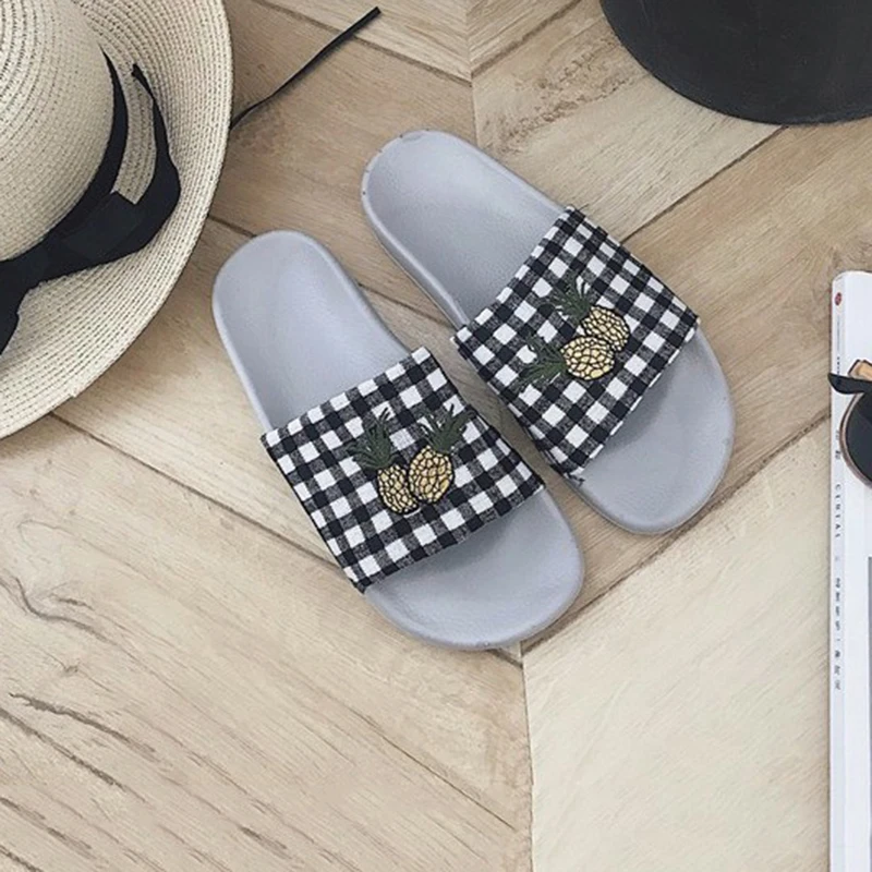 Summer Slippers Women Pineapple Cute Korean Style Fabric Simple Plaid Flat Slipper Ladies Non-slip Shoes Womens All-match Chic | Обувь
