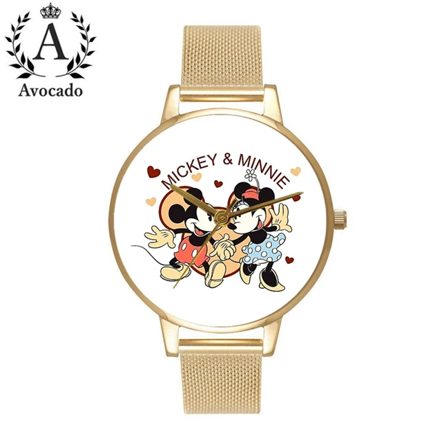 2 Avocado Mickey& Minnie Cartoon Watches Gold Mesh Belt Kids Watch For Women Female Ladies Students Girl Clock Gift - Цвет: 2