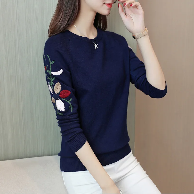 New Fashion 2019 Women Autumn Spring Embroidery Flower Sweater Pullovers Casual Warm Female Knitted Sweaters Pullover Lady | Женская