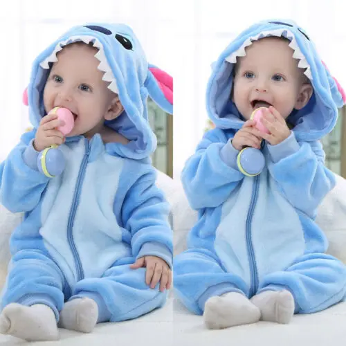 Canis Lovely Kids Baby Boys Stitch Flannel Zipper Hooded Romper Jumpsuit Outfits |
